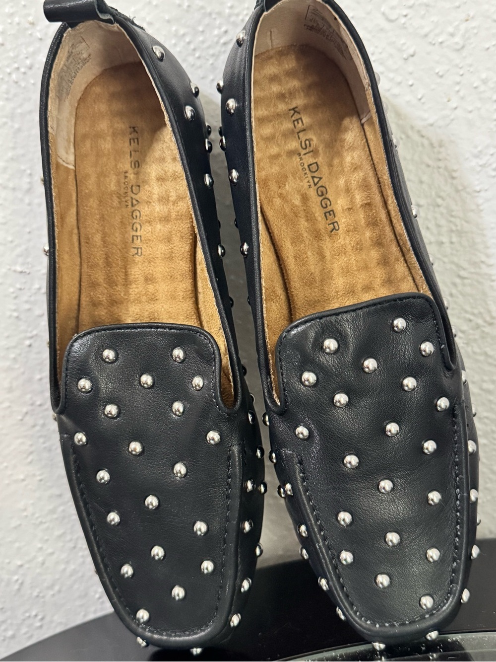 Kelsi Dagger Black Leather Studded Slip-On Loafers